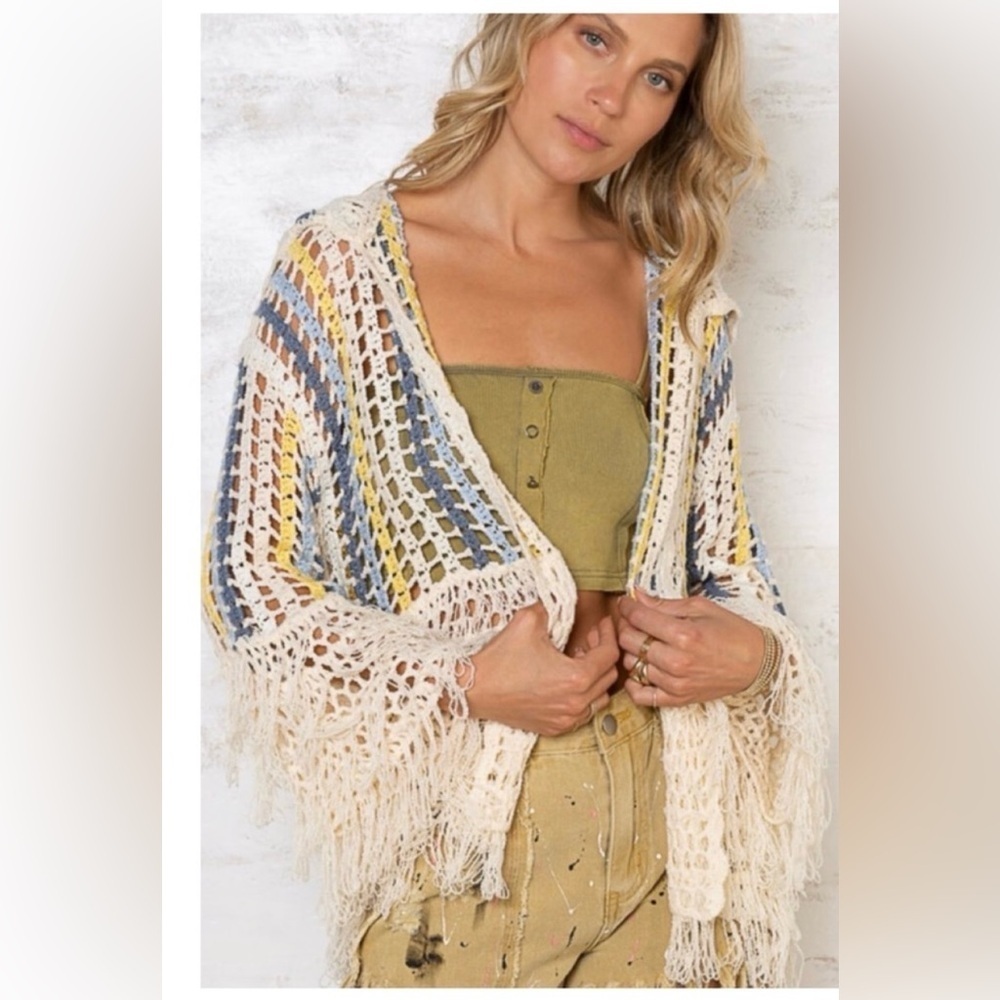 NEW POL Hooded Fringe Crochet Color Block Cardigan Size Small